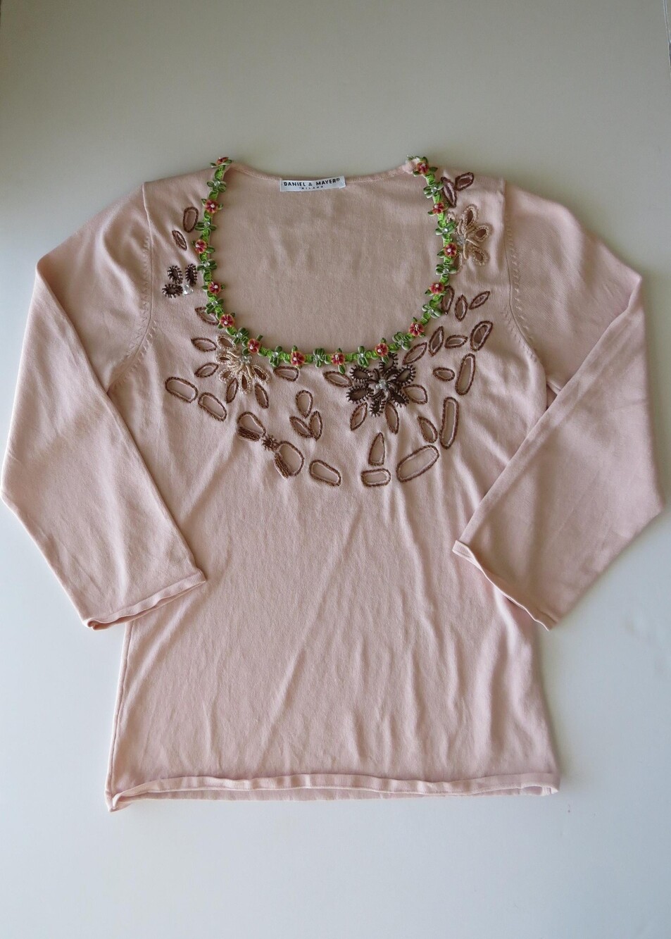 Vintage Italian Daniel & Mayer Blush Pink Floral Cutwork Knit Top, 2000s Made in